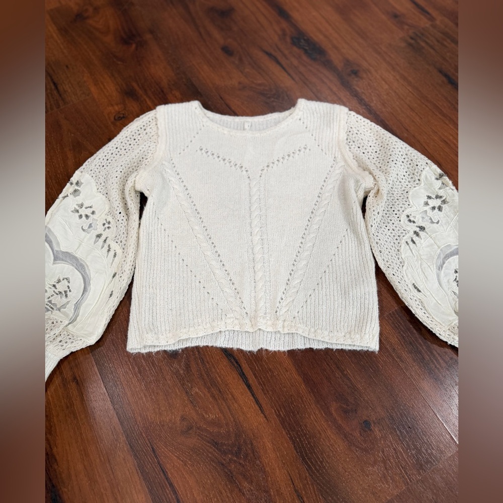 Anthropologie women's Eyelet Lace Sweater Ivory XS balloon embroidered sleeves - Picture 8 of 14